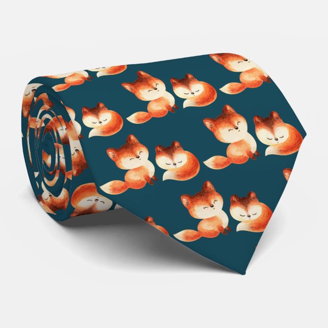 2 Cute Little Red Foxes Watercolor Design Tie (Rolled)