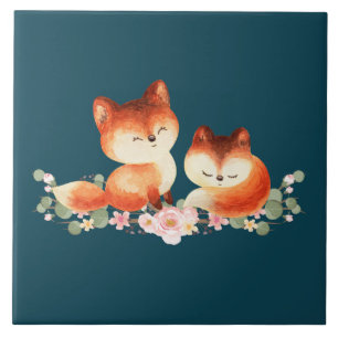 2 Cute Little Red Foxes Watercolor Design Tile