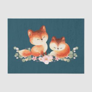 2 Cute Little Red Foxes Watercolor Design Tissue Paper