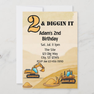 2 & Diggin It, Construction Vehicle 2nd Birthday Invitation