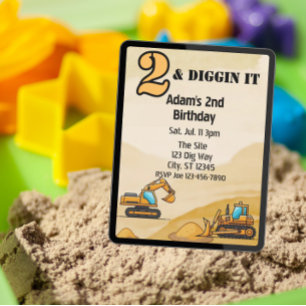 2 & Diggin It, Construction Vehicle 2nd Birthday Invitation