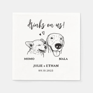  2 Dogs Pet Line Art Drinks on Us Wedding  Napkin