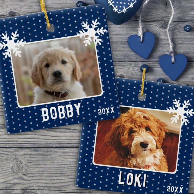 2 Dogs Pets Photos Snowflakes Blue Christmas  Ceramic Ornament (Creator Uploaded)
