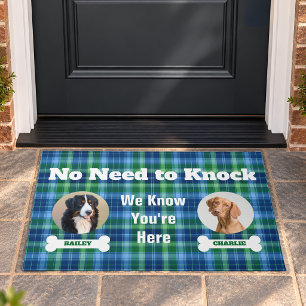 2 Dogs Photos No Need To Knock Blue Green Tartan Doormat