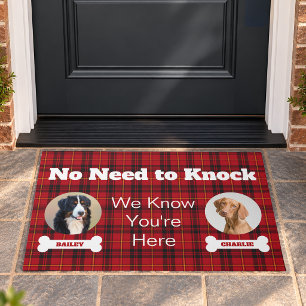 2 Dogs Photos No Need To Knock Red Tartan Plaid  Doormat