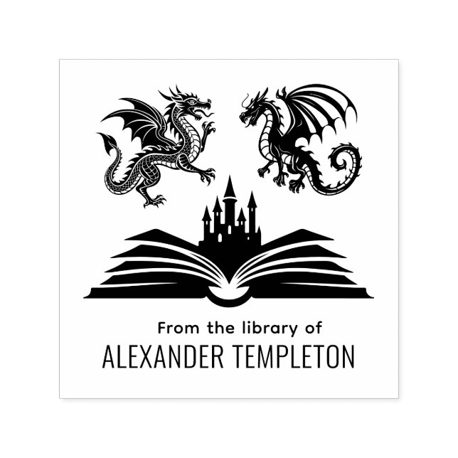 2 Dragons Book Castle From the Library of Name SQ Self-inking Stamp (Design)