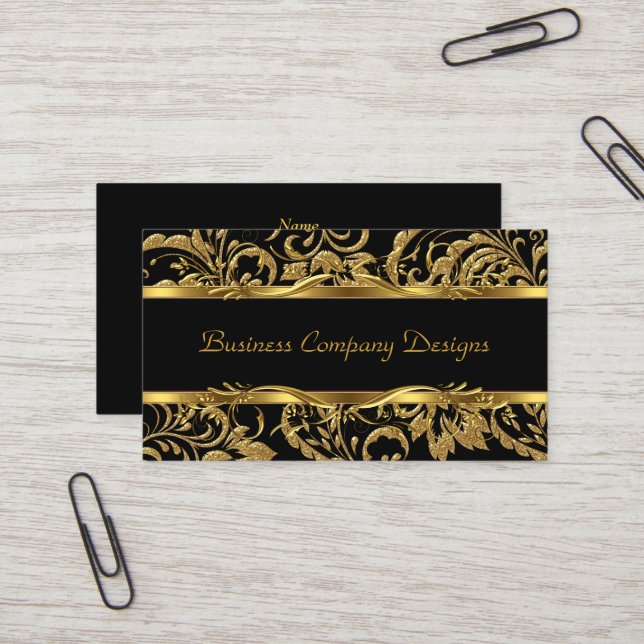 2 Elegant Classy Gold Black Damask Embossed Look Business Card (Front/Back In Situ)