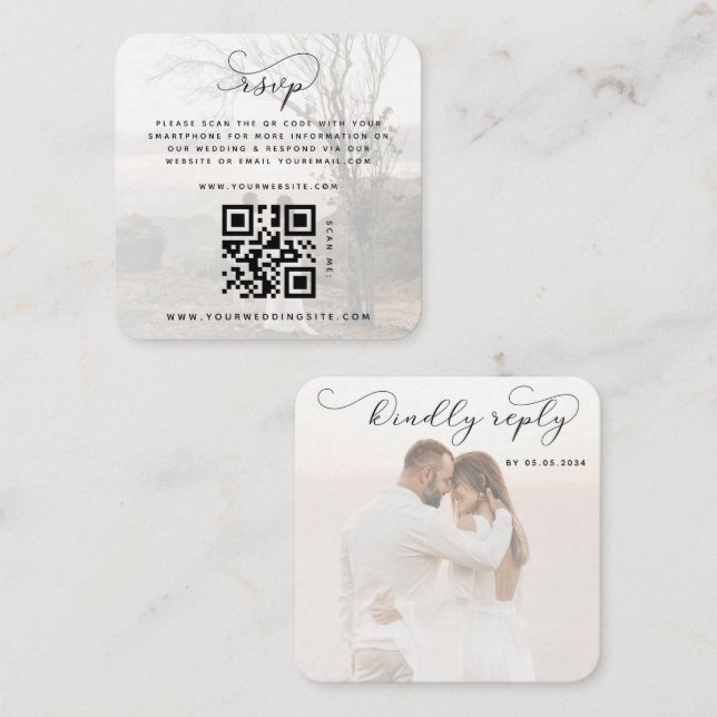 2 Faded Photos QR Code Website Online Wedding RSVP Enclosure Card (Front/Back)