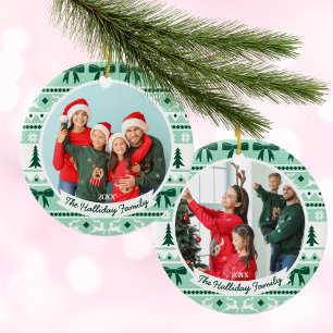 2 Family Photo Christmas Sweater Mint Green Ceramic Ornament