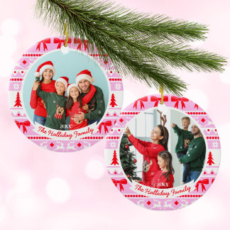 2 Family Photo Christmas Sweater Pink & Red Ceramic Ornament