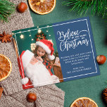 2 family photos blue Believe in Christmas magic Holiday Postcard<br><div class="desc">Modern holiday greeting postcard featuring one of your favourite Christmas family portraits on the left complemented by a real gold foil frame and wording that reads "Believe in the magic of Christmas" on the right over a classic blue background, customizable with your own greeting message. The back of the postcard...</div>
