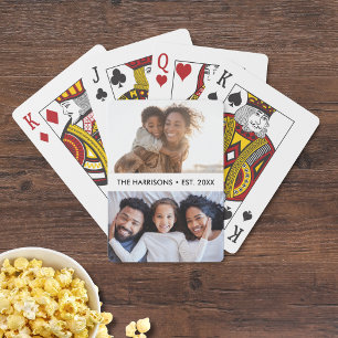 2 Family Photos Name or Custom Text, Simple Modern Playing Cards