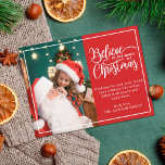 2 family photos red Believe in Christmas magic Holiday Postcard<br><div class="desc">Modern holiday greeting postcard featuring one of your favourite Christmas family portraits on the left complemented by a real gold foil frame and wording that reads "Believe in the magic of Christmas" on the right over a classic festive red background, customizable with your own greeting message. The back of the...</div>