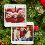 2 family photos simple Christmas minimal fun  Ceramic Ornament<br><div class="desc">Simple minimalist typography Merry Christmas custom photos,  family name,  and year tree ornament.</div>