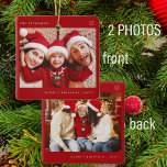2 family photos simple Christmas minimal fun red Ceramic Ornament<br><div class="desc">Simple minimalist typography Merry Christmas custom photos,  family name,  and year red tree ornament.</div>