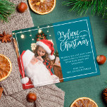 2 family photos teal Believe in Christmas magic Holiday Postcard<br><div class="desc">Modern holiday greeting postcard featuring one of your favourite Christmas family portraits on the left complemented by a real gold foil frame and wording that reads "Believe in the magic of Christmas" on the right over a modern teal background, customizable with your own greeting message. The back of the postcard...</div>