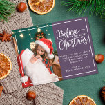 2 family photos violet Believe in Christmas magic Holiday Postcard<br><div class="desc">Modern holiday greeting postcard featuring one of your favourite Christmas family portraits on the left complemented by a real gold foil frame and wording that reads "Believe in the magic of Christmas" on the right over a modern violet background, customizable with your own greeting message. The back of the postcard...</div>
