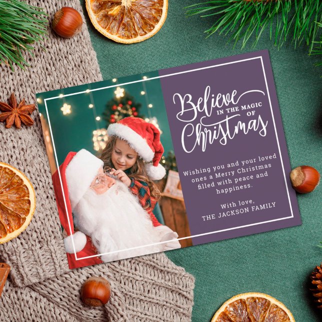2 family photos violet Believe in Christmas magic Holiday Postcard (Creator Uploaded)