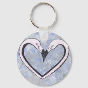 2 Flamingo kiss heart on blue Keychain