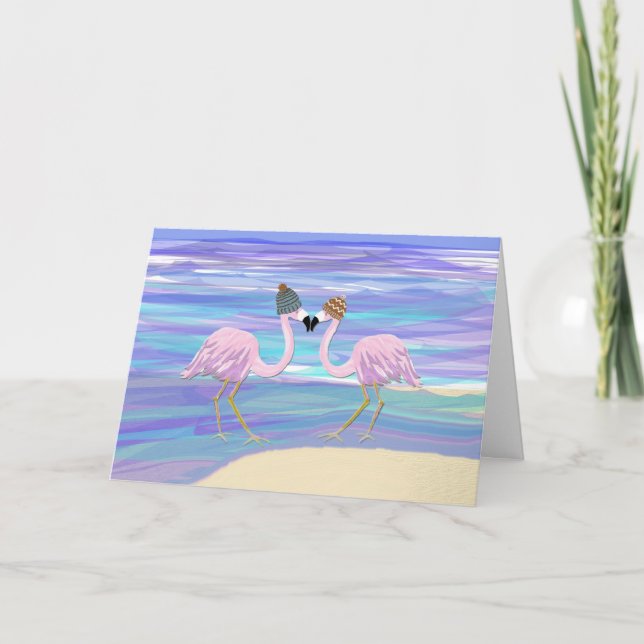 2 Flamingos in Knitted Hats Holiday Card (Front)