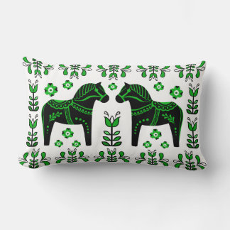 2 Folk Dala Horse/Folk floral/Friesian/black/green Lumbar Pillow