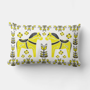 2 Folk Dala Horse/Folk floral/Friesian/white/yello Lumbar Pillow
