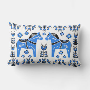 2 Folk Dala Horse/Folk floral, white/black/blue Lumbar Pillow
