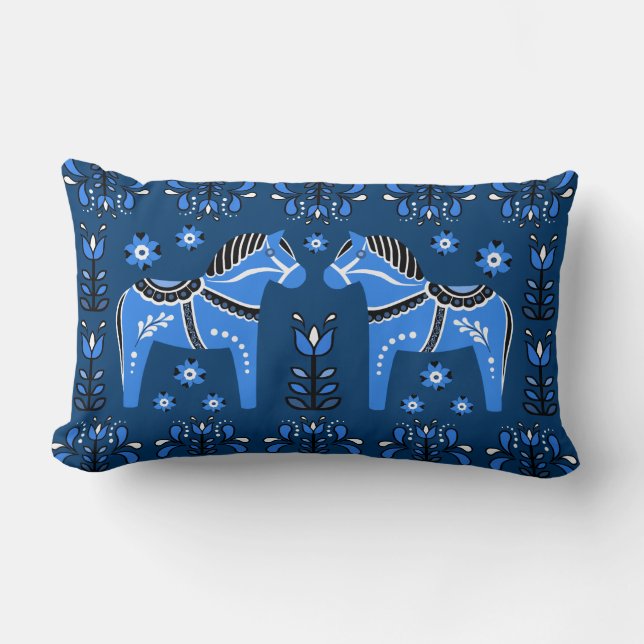 2 Folk Dala Horse/Folk floral, white/blue/dk blue  Lumbar Pillow (Front)