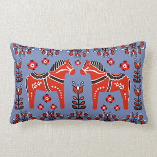 2 Folk Dala Horse/Folk floral, white/blue/red Lumbar Pillow