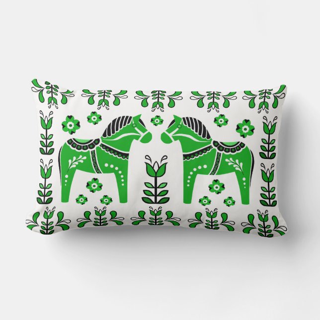 2 Folk Dala Horse/Folk floral, white/green Lumbar Pillow (Front)