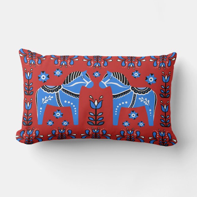 2 Folk Dala Horse/Folk floral, white/red/blue Lumbar Pillow (Front)