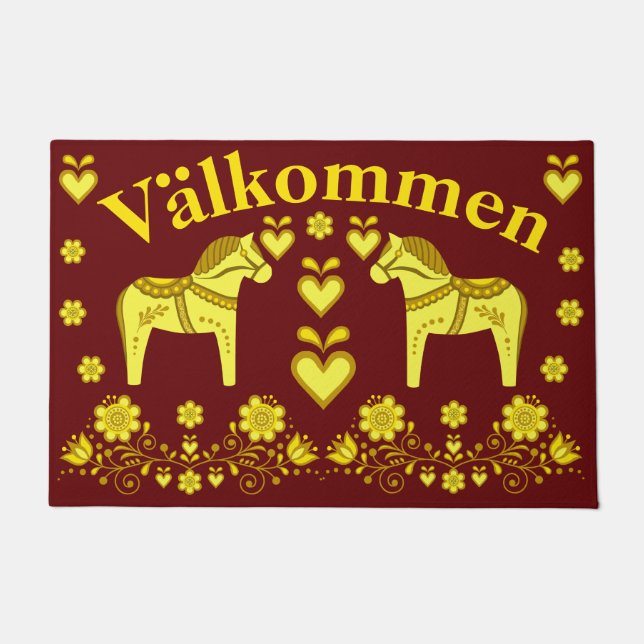 2 Folk Dala horse, gold/brick Valkommen, welcome Doormat (Front)
