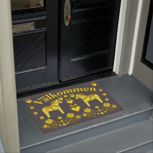 2 Folk Dala horse gold/charcoal Valkommen, welcome Doormat