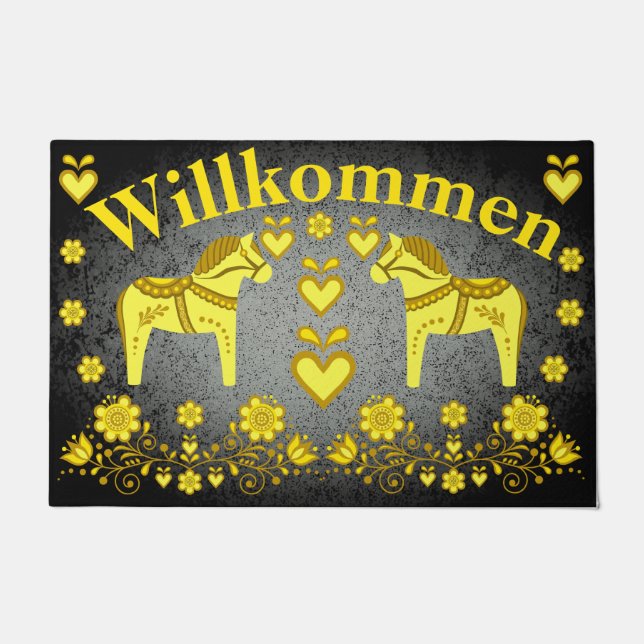2 Folk Dala horse gold/silver Willkommen, welcome Doormat (Front)