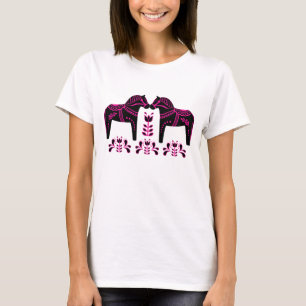 2 Folk Dala Horses, Black/pink/ Folk Friesian T-Shirt