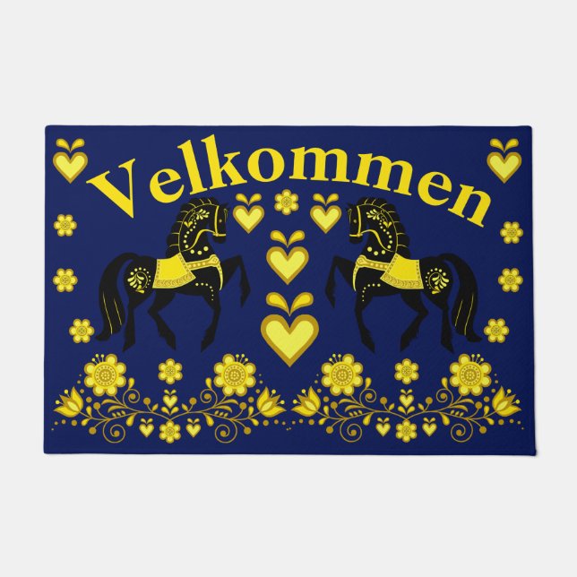 2 Folk Friesian, gold/navy Velkommen, welcome Doormat (Front)