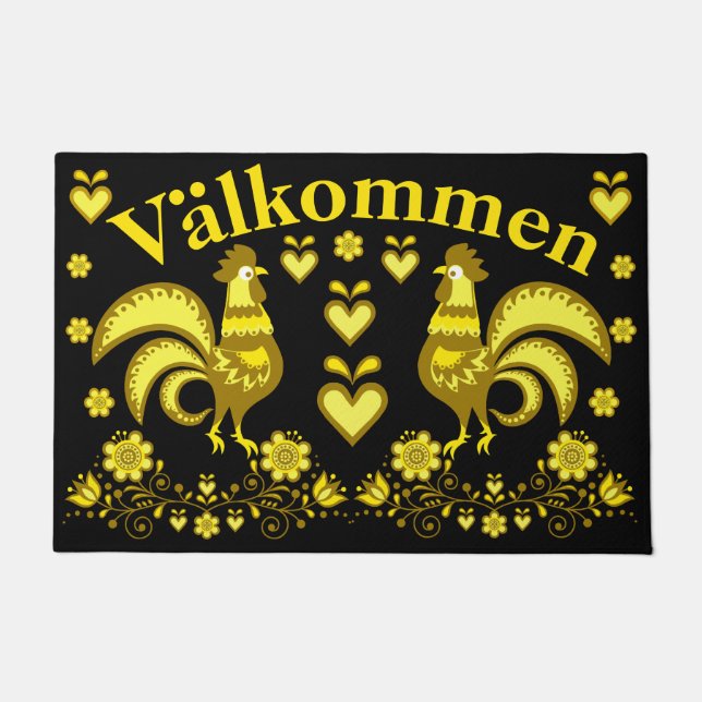 2 Folk Roosters, gold/black  Valkommen, welcome Doormat (Front)