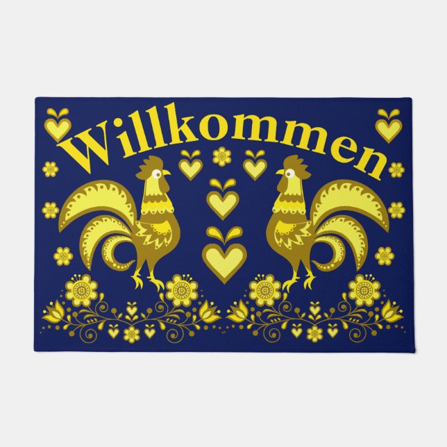 2 Folk Roosters, gold/blue  Willkommen, welcome Doormat (Front)