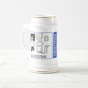 2 Fun Beer Theme Cartoons with Name of Recipient. Stein