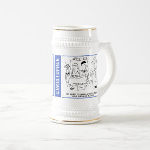 2 Fun Doctor Gag Cartoons with Name of Recipient. Beer Stein