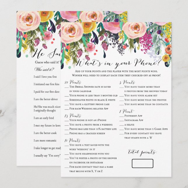 2 Games Flower Garden Bridal Shower Game 5x7 Invitation (Front/Back)