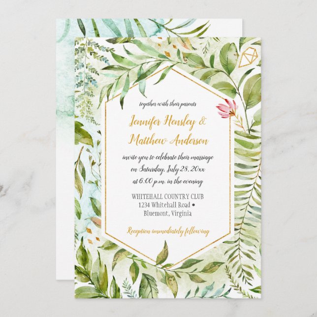 #2 Geometric Pink Green Gold Botanicals Wedding Invitation (Front/Back)