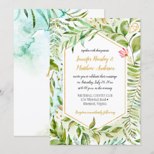 #2 Geometric Pink Green Gold Botanicals Wedding Invitation