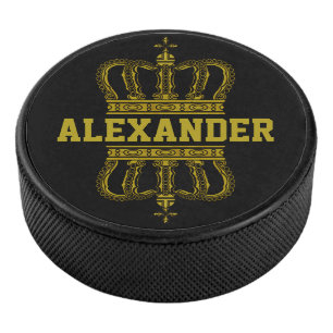 2 Golden Royal Crown I + your backgr. & Name Hockey Puck