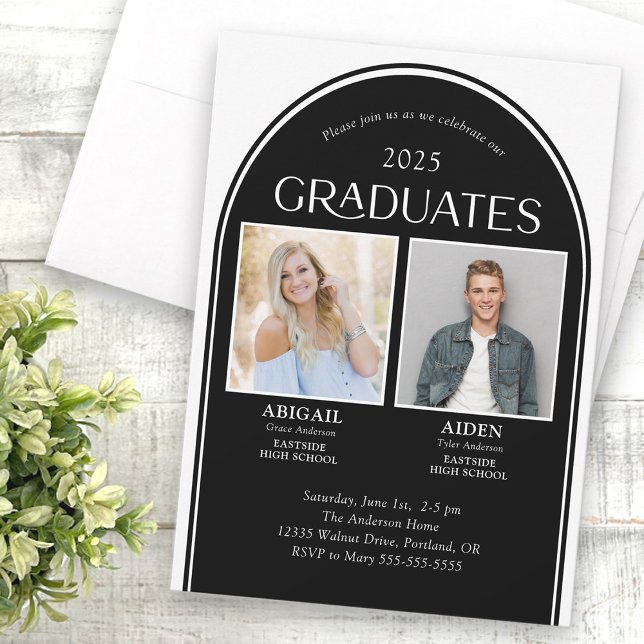 2 Graduates Black Arch Double Graduation Invitation (Creator Uploaded)