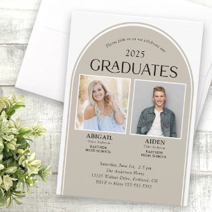 2 Graduates Tan Arch Double Graduation Invitation