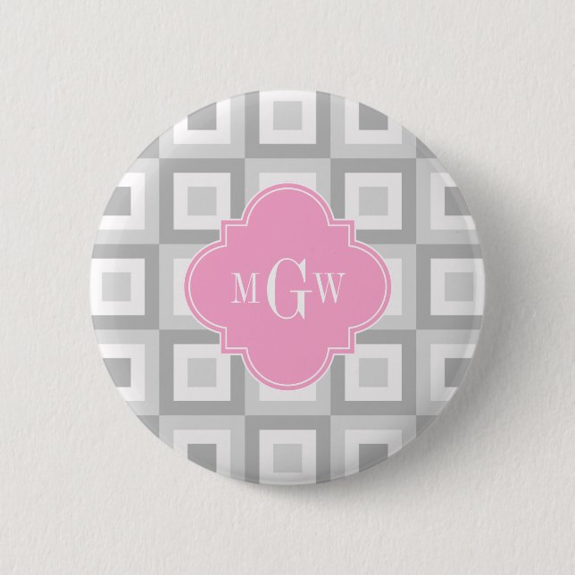 2 Grey Wht Conc Square Pink Quatrefoil 3 Monogram 2 Inch Round Button (Front)
