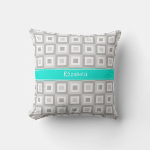 2 Grey Wht Concentric Square Aqua Name Monogram Throw Pillow