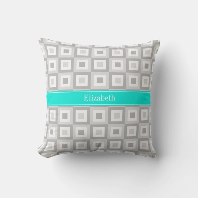 2 Grey Wht Concentric Square Aqua Name Monogram Throw Pillow (Front)