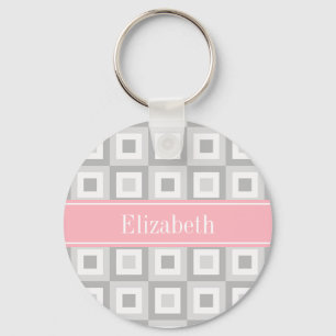 2 Grey Wht Concentric Square Pink Name Monogram Keychain